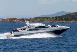 An open yacht Sunseeker Predator 72 cruising in Sardinia