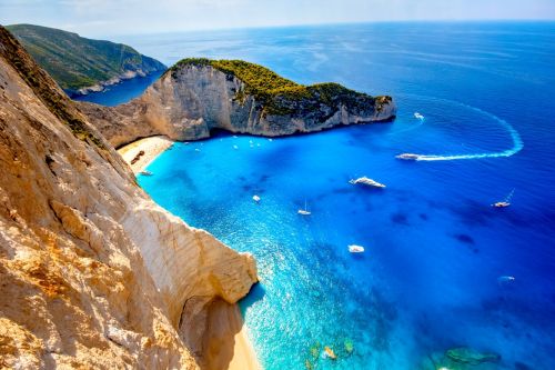 The beach of Navagio on the Greek island of Zakynthos in the Ionian sea