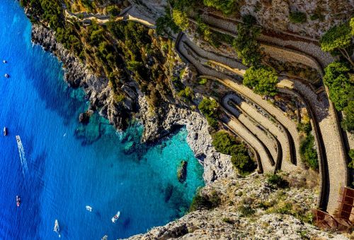 Spectacular view of the winding Via Krupp path on the island of Capri