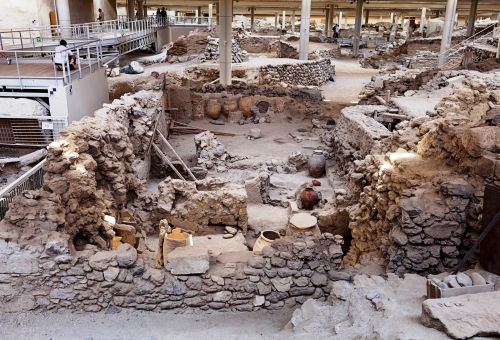 The archaeological site of Akrotiri on the island of Santorini in Greece