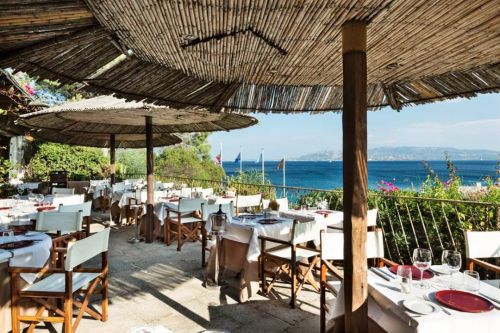 The terrace of the restaurant Il Paguro located in the resort Capo d'Orso in the archipelago of La Maddalena