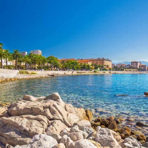 A promenade lined with palm trees and Mediterranean waters in Ajaccio in Corsica