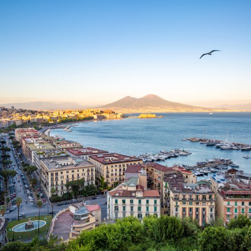 Panoramic view of the city of Naples, Mount Vesuvius and the Gulf of Naples in Italy