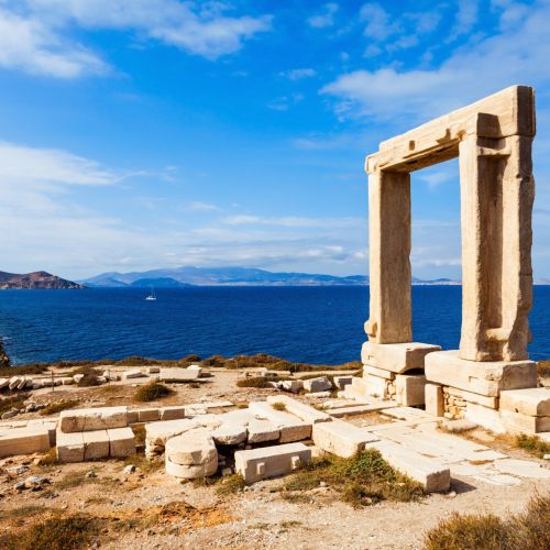 The ancient temple of Apollo and seascape at Chora on the island of Naxos in the Cyclades