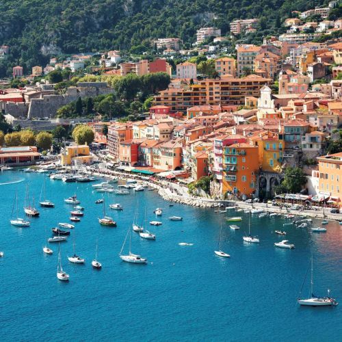 The bay of Villefranche-sur-mer with yachts at anchor on the French Riviera