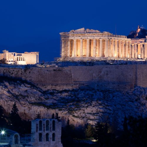 Night view of the Parthenon Temple at the Acropolis in Athens in Greece