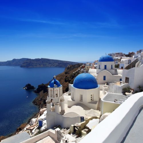 Superb view of Santorini in the Cyclades with its white buildings and blue domes