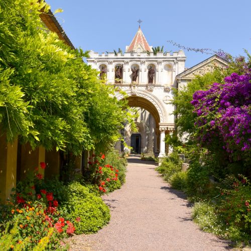 The abbey of the monks of Lrins and its vegetation on the island Saint-Honorat in the bay of Cannes