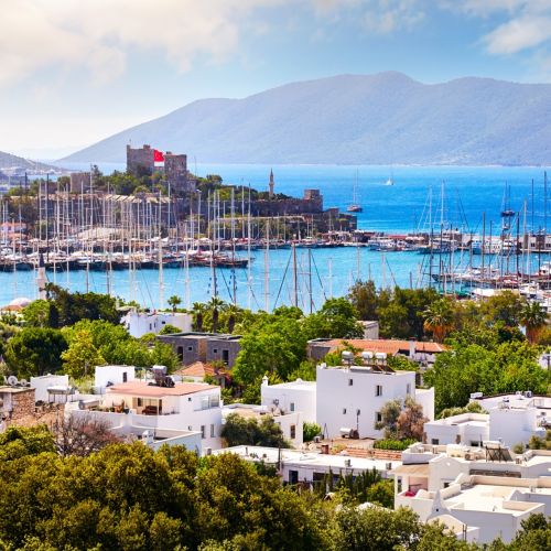 The city of Bodrum with its castle and port on the Aegean Sea in Turkey