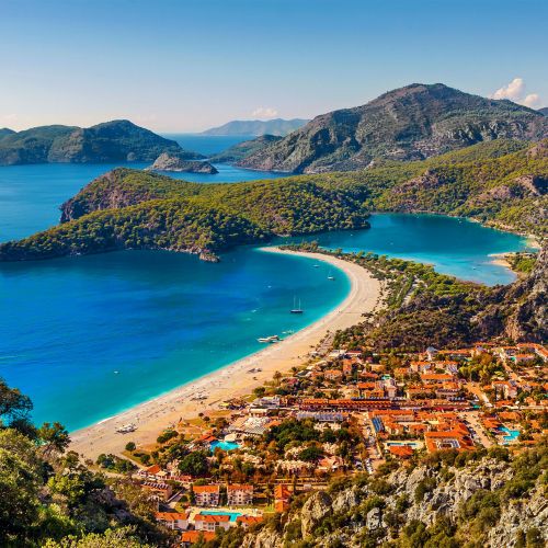 Aerial view of the blue lagoon at Oludeniz in Turkey, sandy beach and turquoise waters