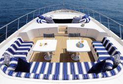 A lounge area on the foredeck of a charter yacht