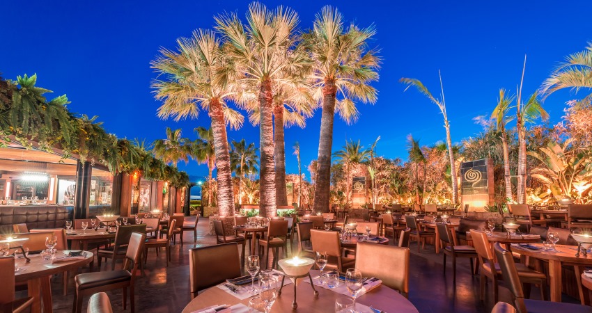 The terrace of the Baoli in Cannes at nightfall with lights in the palm trees