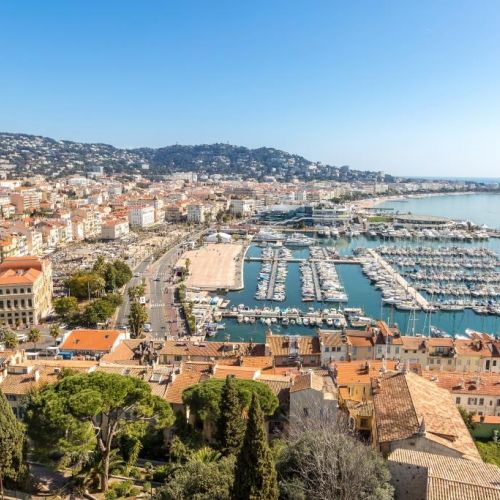 Panorama of the old port of Cannes and its yachts from the historic district of Le Suquet