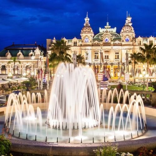 Night view of the Casino square in Monaco with the prestigious Hotel de Paris