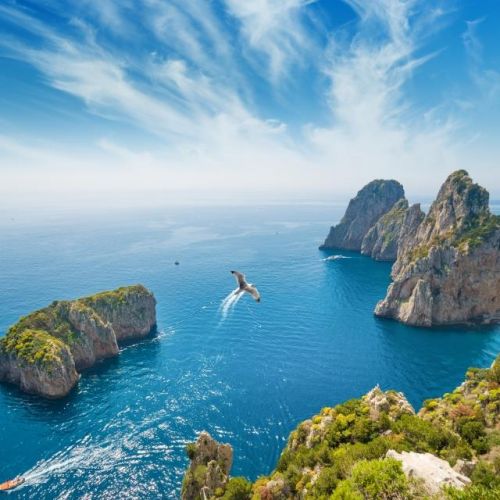 Panorama of the Faraglioni rocks off the island of Capri