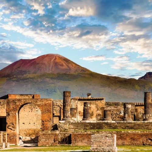 The ruins of the historic site of Pompeii with Mount Vesuvius