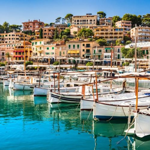 Puerto de Soller and its traditional boats on the island of Mallorca in the Balearic Islands