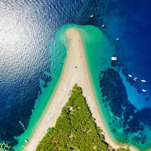 Aerial view of the beach of Zlatni Rat on the island of Brac in Croatia