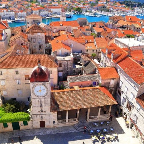 Summer Panorama of the city of Trogir and its bell tower in Croatia