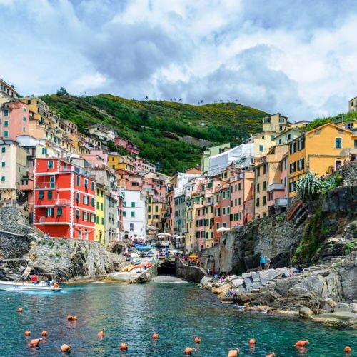 The village of Riomaggiore and its colourful traditional houses in the Cinque Terre in Italy