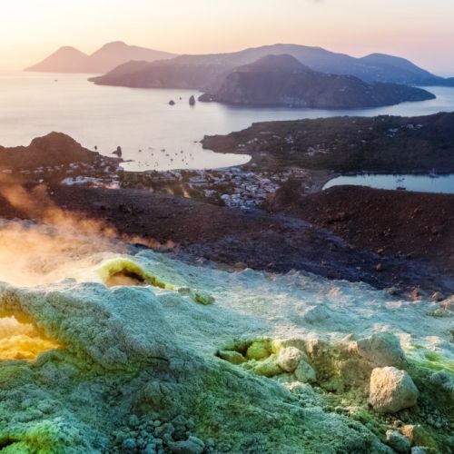 View from the top of Vulcano Island on Lipari and Salina in the Aeolian Islands in Sicily