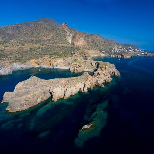 Aerial view of the coastline of Panarea in the Aeolian Islands in Sicily