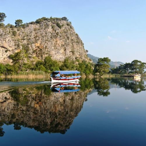 A boat tour on the Dalyan river en route to the historic site of Caunos