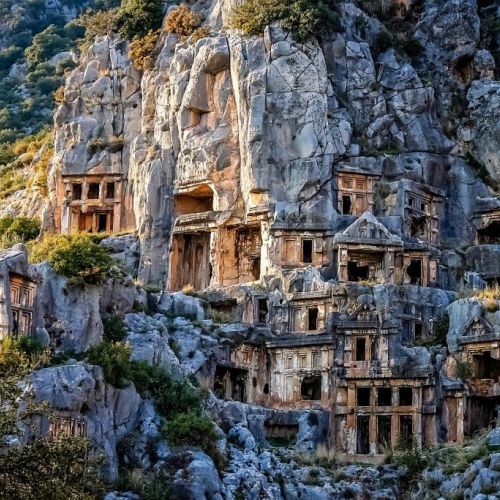 Lycian tombs carved in the rock in the historic city of Caunos in Turkey