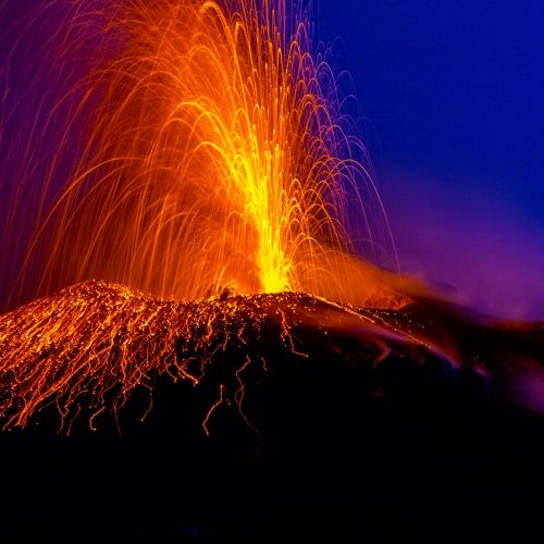 Night view of the erupting Stromboli volcano in the Aeolian Islands in Sicily