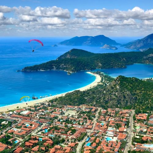 Paragliding take-off from Babadag with panoramic view of Oludeniz in Fethiye in Turkey