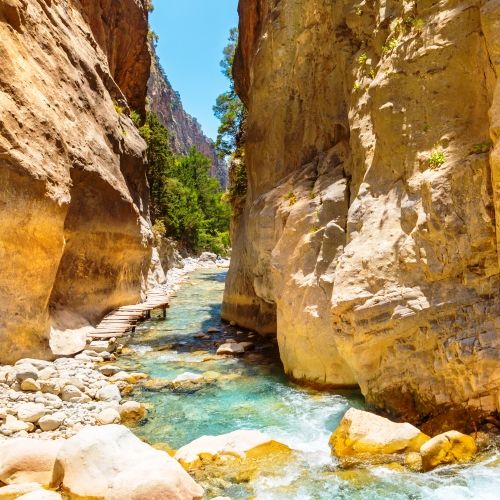 Panorama of a hiking trail in the Samaria Gorge in Crete