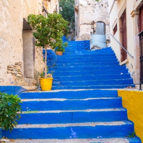 The blue staircase of Symi with its 500 steps from Gialos to Horio