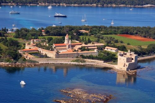 A superb panorama of the Abbey of Lrins on the Ile Saint-Honorat in Cannes