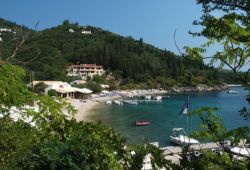 The traditional taverna of Nikolas in Agni Bay in Corfu on a beautiful summer day