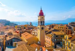 The old town of Kerkyra, the tourist heart of the island of Corfu, under a beautiful blue sky