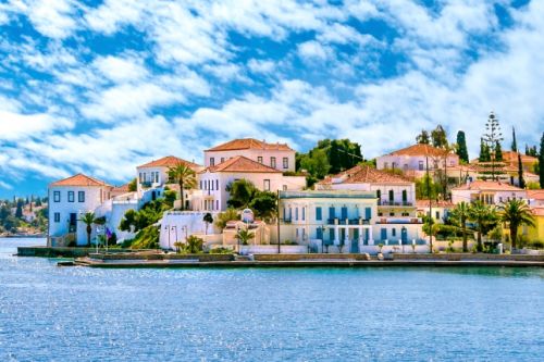 Buildings by the sea on the island of Spetses in Greece
