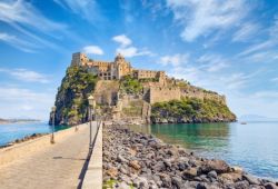 The island of Ischia with its medieval castle in the bay of Naples in Italy