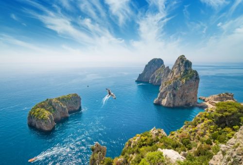 Panorama of the Faraglioni rock formations off the island of Capri