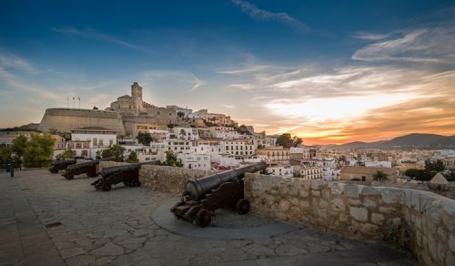 The fortress of Ibiza and the place of the cannons at sunset