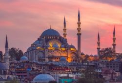 The Ottoman Imperial Sleymaniye Mosque in Istanbul, Turkey, as seen at sunset