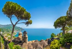 Panorama of the village of Ravello with its bell towers, pine trees and the Mediterranean sea