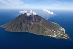 The island of Stromboli in Sicily with fumes emanating from the volcano