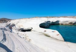 The beach of Sarakiniko and its geological formations on the island of Milos in the Cyclades in Greece