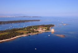 Panorama of the Lrins islands in the bay of Cannes with the abbey of Lrins located on the Saint-Honorat island