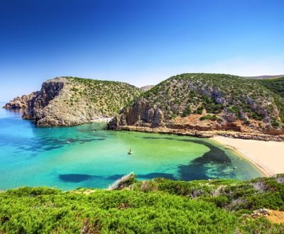 Panorama of a gorgeous white sandy beach during a Sardinia yacht charter