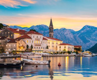 Sunset over the historic town of Perast in the Bay of Kotor during a Montenegro yacht charter