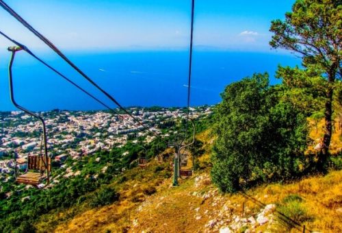 The chairlift from Mount Solaro in Capri with a panoramic view of the Mediterranean sea