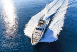 Aerial view of a luxury motor yacht in navigation