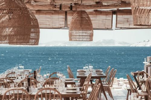 Scorpios beach club and restaurant in Mykonos in the Mediterranean