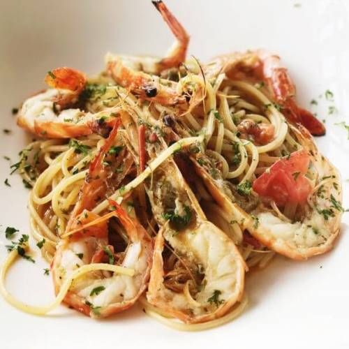 A plate of seafood pasta